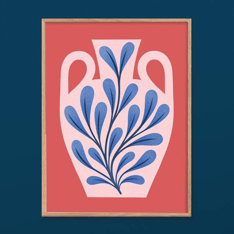 Pink Vase Blue Flowers Art Print - Art Print - Julie Solvstrom Illustration