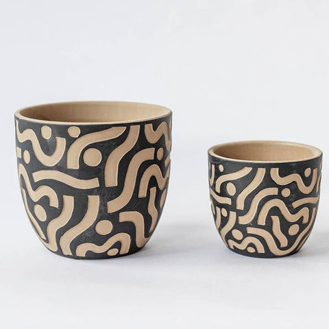 Terracotta Black Pot with Aztec Inspired Design - Planter - The Local Boom Gift Shop
